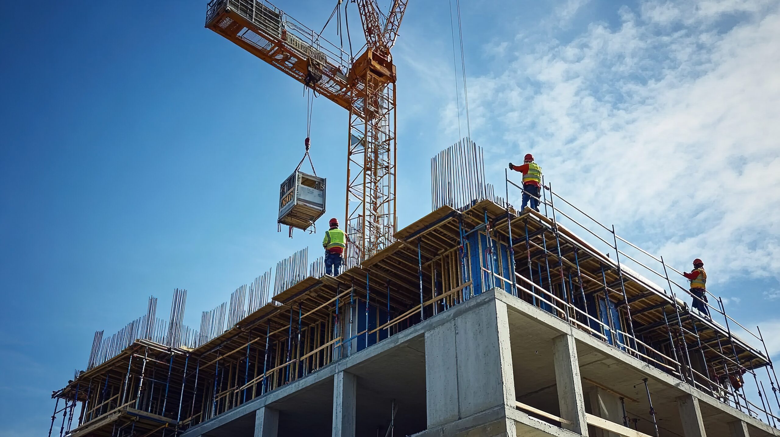 A crane moving large concrete blocks at a construction site with workers directing the operation Chantier URBAN HOME